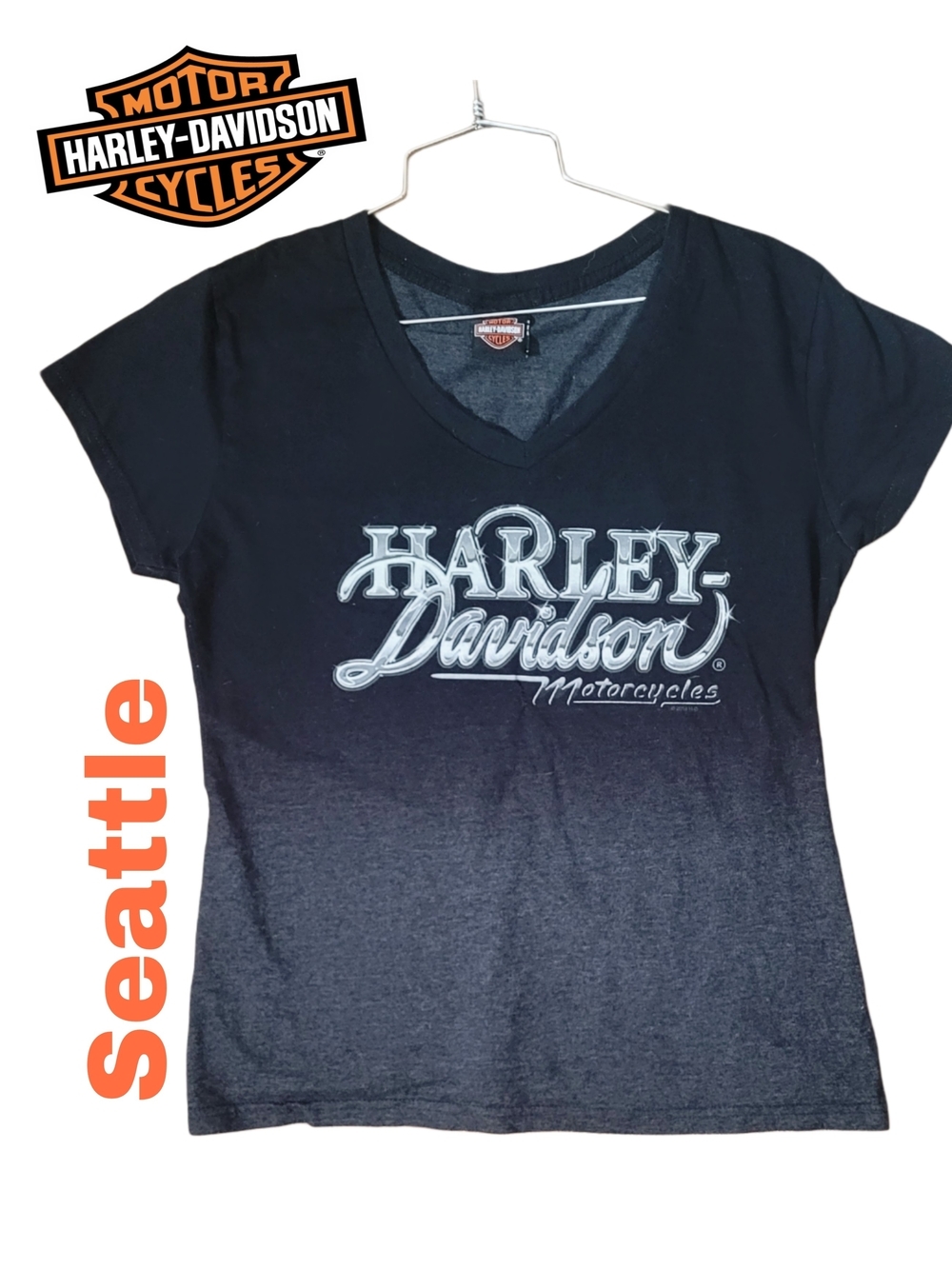 Harley-Davidson Black Ombre V-Neck Chrome Look Logo Tee Mt. Rainier Seattle